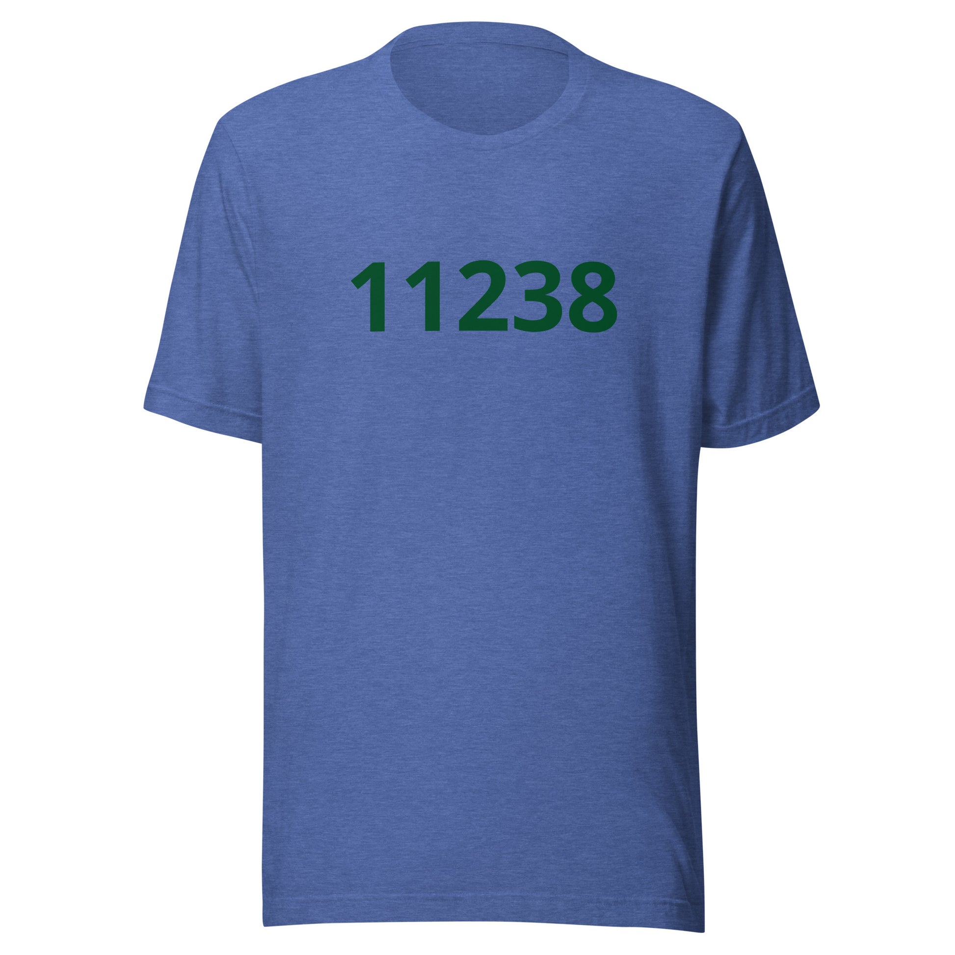 Unisex t-shirt in blue featuring green numbers 11238, made from premium soft cotton for everyday comfort.